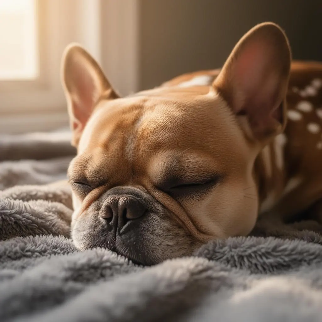 Close-up of a French Bulldog sleeping peacefully.