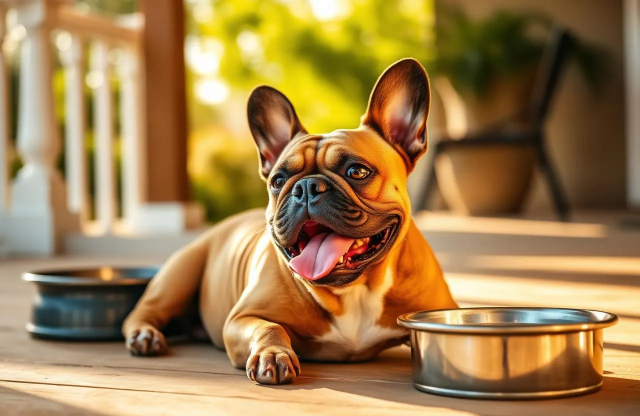 A French Bulldog panting on a sunny porch with a water bowl nearby.