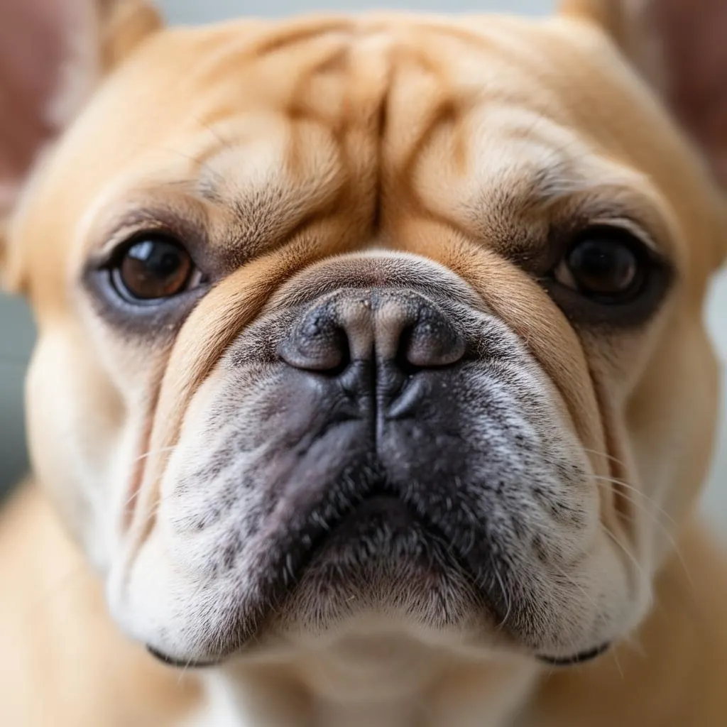 A person gently cleaning a French Bulldog's face wrinkles with a soft cloth.
