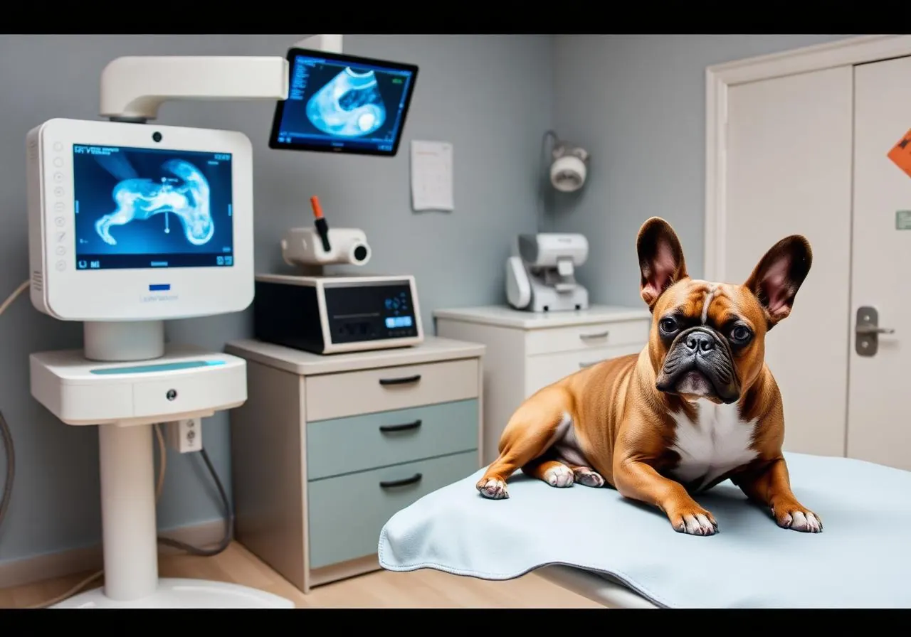 Veterinary diagnostics room with digital X-ray, ultrasound, and a French Bulldog on the table