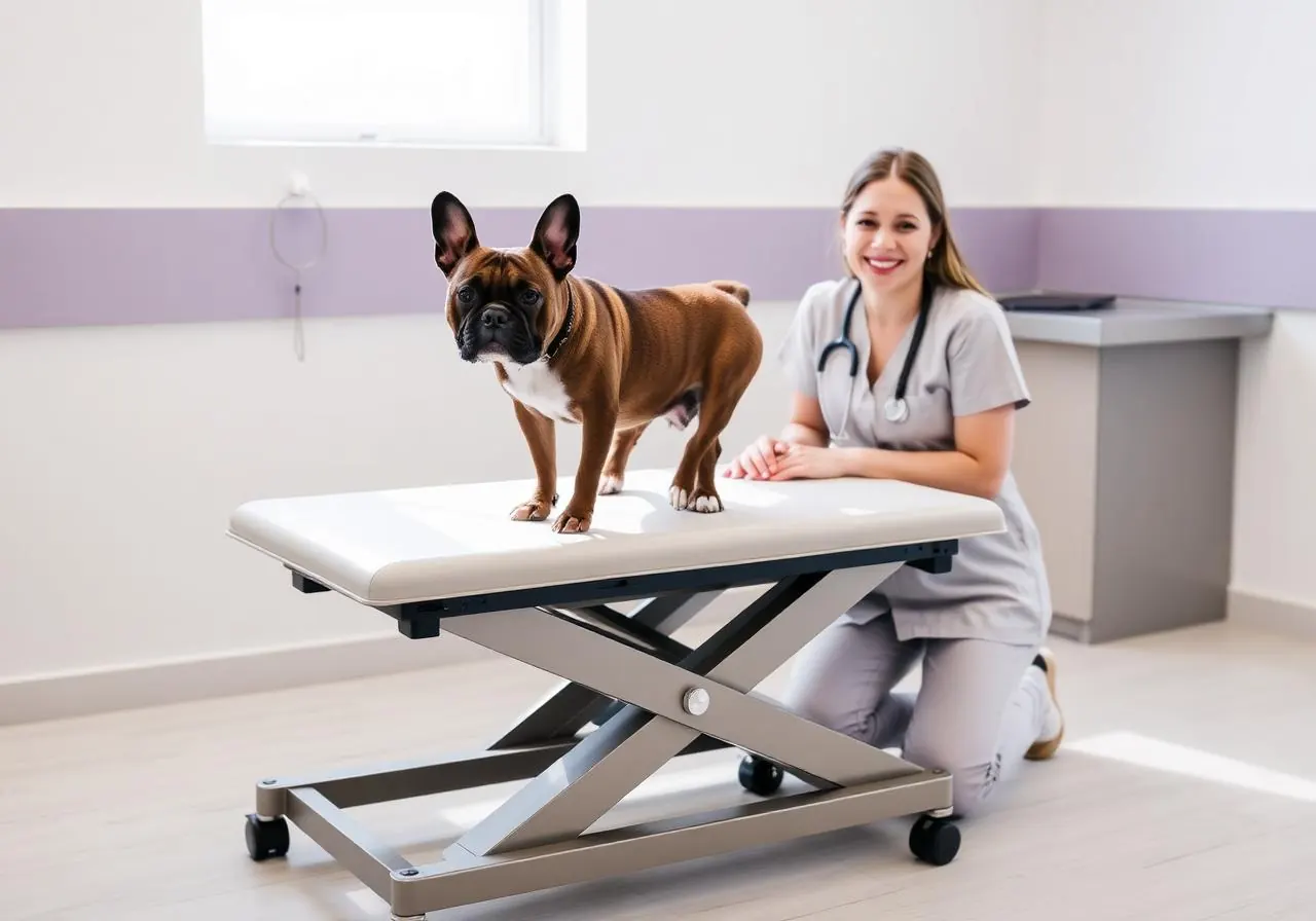 Low-profile veterinary exam table fully lowered with a French Bulldog stepping on