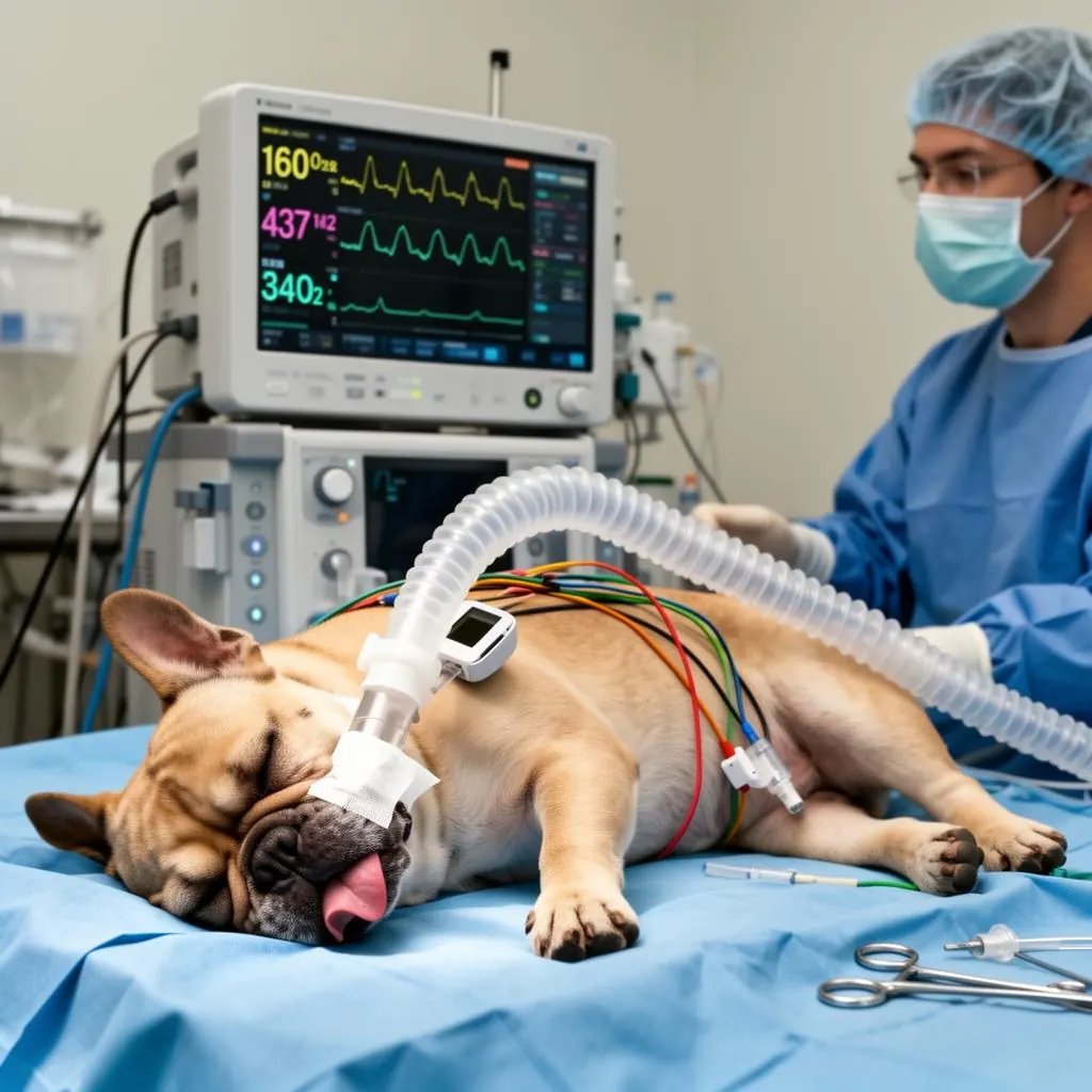 French Bulldog under monitored inhalant anesthesia in a veterinary surgical suite