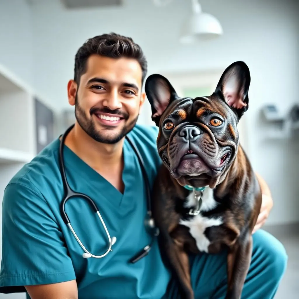 Portrait of Dr. Elliot Reyes kneeling beside a brindle French Bulldog