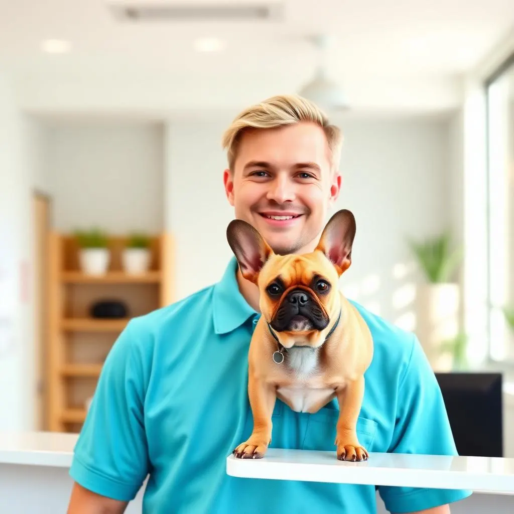 Portrait of Jesse Calloway at the reception desk with a fawn French Bulldog