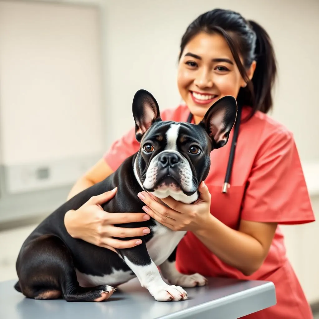 Portrait of Sofia Tran with a pied French Bulldog on an exam table