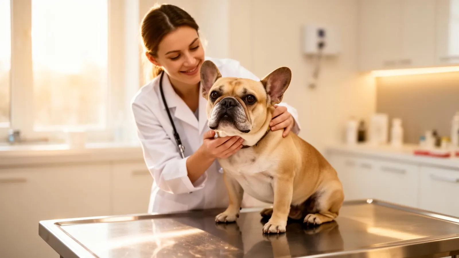 Veterinarian gently examining a French Bulldog